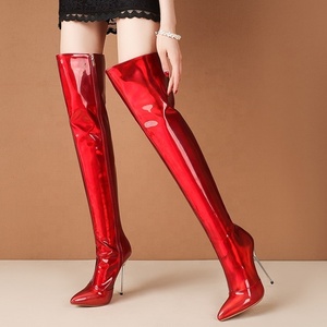 Bottes imperméables réfléchissantes à talons aiguilles pour femmes, bottes fines à talon haut au-dessus du genou, bottes longues et élégantes, grandes tailles 45 - Product Image 4