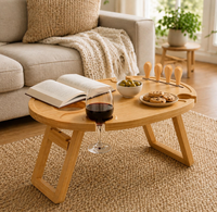 Table de pique-nique pliante ovale moderne en bambou avec rangement pour vin, idéale pour le camping et le jardin