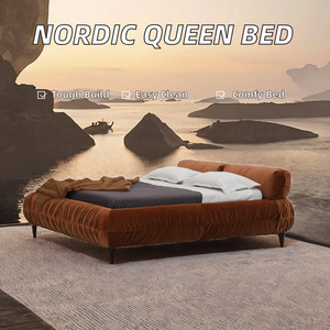 Mobilier nordique moderne cadre en bois massif ensemble de lit queen ou king size avec éponge tissu de velours tufté lit doux pour chambre à coucher - Product Image 2
