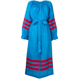 Ethnische Kleidung Neueste lange Kurti Designs Vyshyvanka Streifen Leinen Maxi kleid