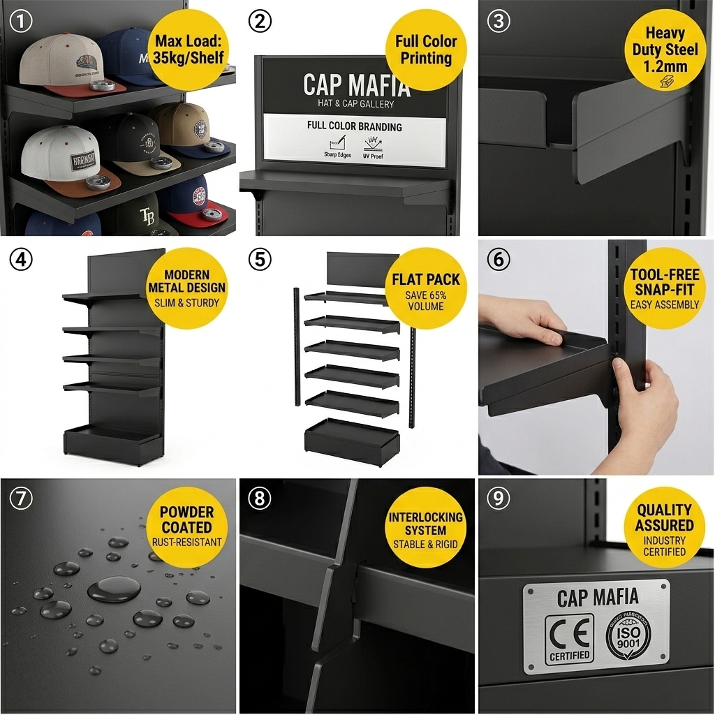 Custom Metal Hat Display Rack Baseball Cap Snapback Bucket Hat Floor Standing Retail Headwear Organizer Cap Stand Rack Fixture — view 5