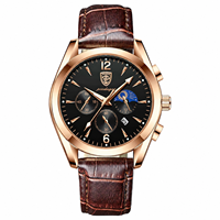 Montre à quartz pour homme POEDAGAR 829 en or rose, bracelet en cuir, étanche, calendrier lumineux, cadran noir, montre sport