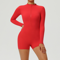 Combinaison courte pour femme à col montant zippé, découpe au dos, unie, respirante, à manches longues, séchage rapide, pour yoga et entraînement