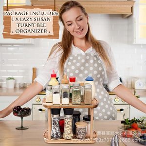 Wooden Double Layer <b>Rotating</b> Storage <b>Rack</b> For Canned Food <b>Spice</b> Organizer Countertop Multifunctional Kitchen <b>Rack</b> - Product Image 2