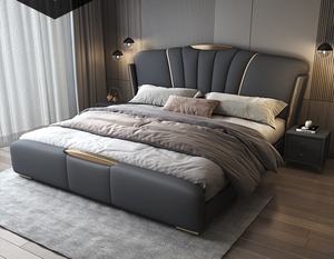 Juego de <span class=keywords><strong>cama</strong></span> de matrimonio moderno con botones, cabecero alto tapizado de cuero con mechones, elevador lateral giratorio, almacenamiento otomano, dormitorio suave para el hogar - Product Image 1