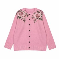 Cardigan en tricot floral pour femme, boutonné sur le devant, imprimé roses, col rond, épaules tombantes, poignets côtelés, coupe décontractée vintage