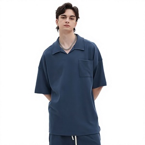 Men's Oversized Navy Blue Knitted Polo T-Shirt Short Sleeve Casual Solid Color Pocket Design - Product Image 1