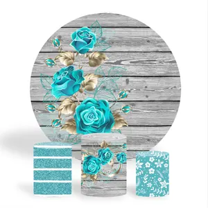 Custom 5FT/6FT/6.5FT/7.2FT Fabric Background Party Decoration With Dessert Plinth Cylinder Blue Rose Wood Round Arch Backdrop