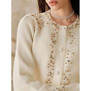Pearl Button Embellished <b>Cardigan</b> <b>Beige</b> Women's Knitwear - Product Image 4