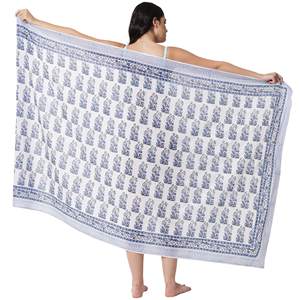 Persian <b>Blue</b> Hand Block Print Cotton <b>Sarong</b> Wrap for Women, Lightweight Bikini Cover-Up, Summer Beach & Resort Wear - Product Image 1
