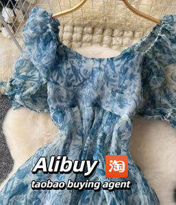 Alibuy mua sắm trực tuyến hệ thống mùa hè ăn mặc kỳ nghỉ Organza Vuông Cổ phồng tay áo ăn eo-cinching Ruffle Taobao Indonesia - Product Image 3