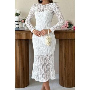 Robe fourreau élégante en dentelle blanche, col montant, manches longues, taille naturelle, tenue de soirée - Product Image 2