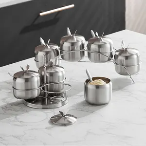 Kitchen Luxury 3Pcs Sugar Creamer Pots Stainless Steel Sugar Pot With Spoon And Glass Lid Sealed Seasoning Organizer