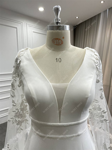 Robe de mariée chic décolleté plongeant manches longues crêpe robes de mariée sirène <span class=keywords><strong>avec</strong></span> cape <span class=keywords><strong>amovible</strong></span> - Product Image 4