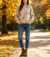 Pull en maille jacquard à col rond pour femme, coupe ample, manches longues, avec logo personnalisé, motif cœur, couleur avoine, pour dames
