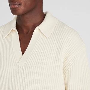 Custom ODM OEM Knitwear Manufacturers 7 GG Ribbed Knit Solid White <strong>Jumper</strong> Turn-Down <strong>Neck</strong> Old Money <strong>Polo</strong> Sweater <strong>Men</strong> - Product Image 2