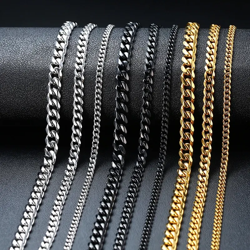 Stainless Steel Curb Cuban Chain 18k gold plated six surface grinding Necklace for Men Silver Punk Choker Male jewelry Gift