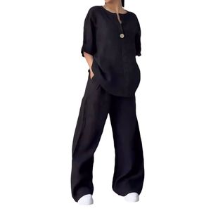2025 Cross-Border Damen Herbst Zweiteiler Set Übergröße Baumwolle-Leinen-Spandex Bluse Hochgeschnittene Weite Hose - Product Image 5
