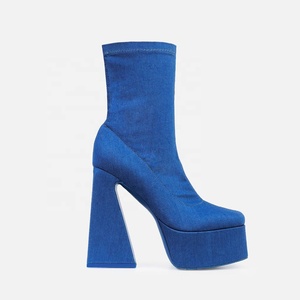 Soft Denim Women High Heels Platform Short <b>Boots</b> Square Toe Custom Materials Jeans Ankle Booties Fancy Ladies Shoes - Product Image 3