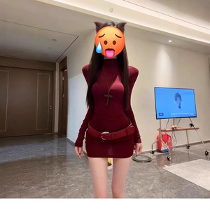 Korean Style Sexy High Neck Red Long Sleeve Bodycon Dress Turtleneck Tight Fit Short Skirt For Autumn City Commuting - Product Image 4