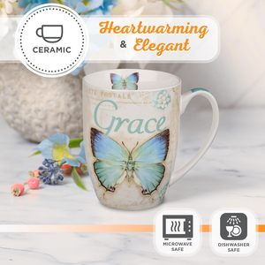 Taza de café de cerámica de mariposa azul Taza de café inspiradora 12 oz con versículo de la Biblia: Grace-Efesios. - Product Image 4