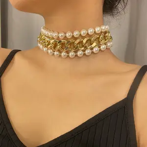 Punk hip-hop metal geometric chain multi-layer clavicle chain Gothic pearl beaded chunky chain necklace women