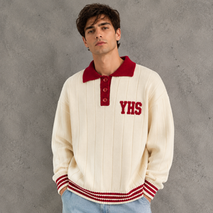 Pull en tricot personnalisé pour homme, col polo, manches longues, pull en tricot jacquard à col polo avec lettres pour homme - Product Image 3