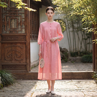 Robe bohème en ramie pour femme, col rond, plissée devant, coupe ample, manches 3/4, décontractée, tendance, pour les vacances d'été