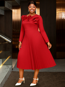 AM050710 autunno elegante 3D manica lunga con volant impero una linea plissettata Plus Size rosso Midi formale abito Casual da donna - Product Image 2