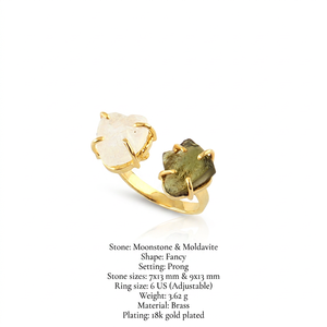 Raw Look Moonstone and Moldavite Double Stone Brass <b>Ring</b> 18k Gold Plated Prong Set <b>Adjustable</b> <b>Size</b> Daily Wear Unisex Jewelry - Product Image 1