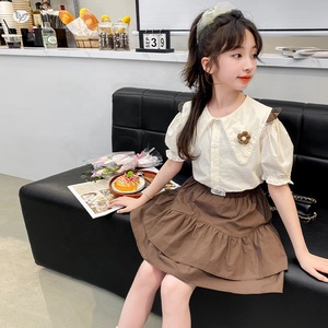Vêtements d'été pour grandes filles, chemise à manches bouffantes, jupe courte à double couche, tenue pour adolescentes - Product Image 4