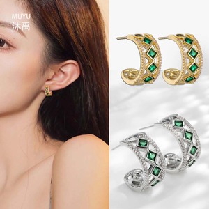 MUYU Geometric Stud Earrings 925 Silver Gold Green Zircon Everyday Wear - Product Image 1
