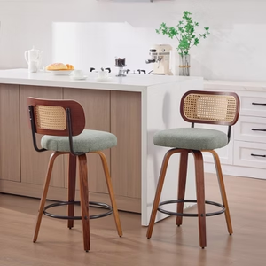 3 26-Inch Counter Height Vintage <strong>Bar</strong> <strong>Stools</strong> Black <strong>Cane</strong> Back Beige Linen Upholstered Seat Swivel Living Room Furniture - Product Image 5