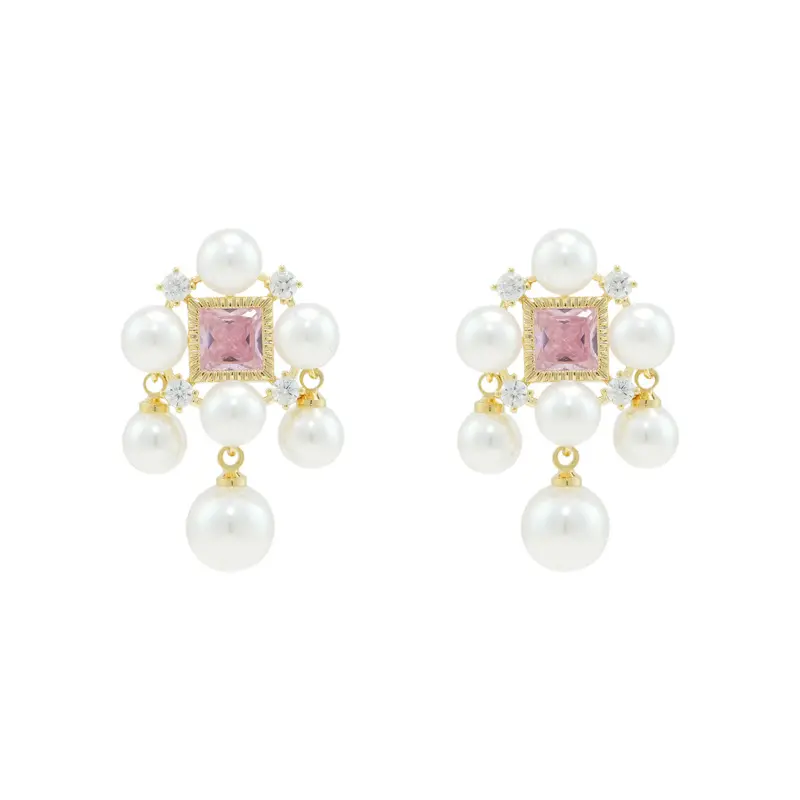 Wholesale Light Luxury Western French Pearl Square Zircon 925 Silver Women's Accessories Fashion Jewelry Earrings Set