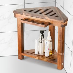 Wooden <b>bathroom</b> <b>stool</b>, corner double-layer storage rack, solid wood <b>bathroom</b> toiletries organizer - Product Image 3