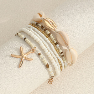 A <span class=keywords><strong>mano</strong></span> bohémien Set di 7 pezzi <span class=keywords><strong>oro</strong></span> stella marina conchiglia perline intrecciate bracciale per estate mare usura commercio estero - Product Image 1