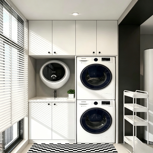 Meuble de balcon sur mesure, panneaux plats blancs, poignées en cuir, lave-linge et sèche-linge intégrés <span class=keywords><strong>Bosch</strong></span>, évier sous plan noir, robinet doré brossé - Product Image 6