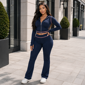 Ensemble 2 pièces tendance Y2K 2026 pour <span class=keywords><strong>femme</strong></span> : sweat à capuche court côtelé de couleur unie et <span class=keywords><strong>pantalon</strong></span> évasé taille haute – Survêtement streetwear - Product Image 4