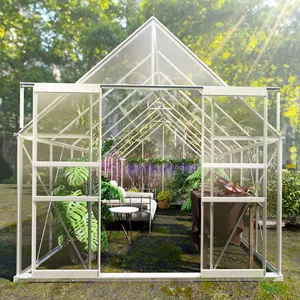 8'W * 16'D Walk- In Polycarbonate Greenhouse With Roof Vent Aluminum Hobby House For Outdoor Garden Backyard