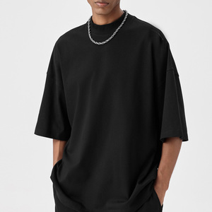 T-shirt en gros pour hommes, T-shirt noir uni 100% coton, T-shirt de haute qualité, <span class=keywords><strong>petit</strong></span> col montant, ample, surdimensionné, 260 g/m² - Product Image 1