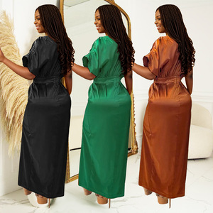 C7103 Cinturón <span class=keywords><strong>de</strong></span> manga corta hasta el suelo para mujer <span class=keywords><strong>de</strong></span> moda europea americana Color sólido transfronterizo para AliExpress para <span class=keywords><strong>Amazon</strong></span> - Product Image 2