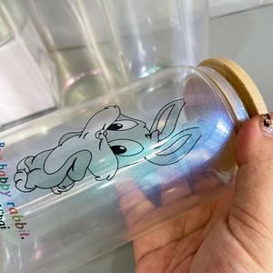 16oz Recyclable Crystal Clear Ombre Color Gorgeous Beer Soda Pop Sublimation rainbow Glass Cans with <b>Bamboo</b> Lid and <b>Straw</b> - Product Image 4