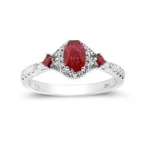 Anillo de compromiso ovalado de oro de 14 quilates con rubí para mujer, diseño pavé, estilo clásico, halo de tres diamantes, joyería fina de laboratorio SGARIT. - Product Image 1