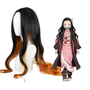 Anime Demon Slayer: Kimetsu no Yaiba women Kamado Nezuko cosplay wig sister black with orange long wavy hair 95cm
