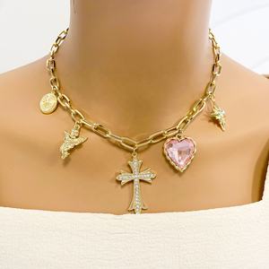 क्लासिक स्टाइलफैशन पेंडेंट दिल क्रॉस स्टार राउंड कोण और ग्लास गोल्ड प्लेटिंग लिंक चेन कोरियन गहने महिलाओं के लिए - Product Image 3