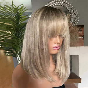 Parrucca Bob Corta Biondo Cenere con Capelli Europei, Frontale in Pizzo Trasparente, con Capelli Vergini Grezzi, Senza Colla, con Frangia Dritta - Product Image 1