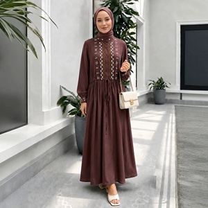 <span class=keywords><strong>Abaya</strong></span> da donna musulmana con coulisse in vita, ricami, maniche a lanterna e tasche - Vestito lungo islamico modesto - Product Image 5