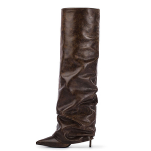 Pleated Upper Thin High Heel Pointed Toe Overlay <b>Shoes</b> Dress Stiletto Pants Boots Women's Folded Over Knee High Booties - Product Image 3