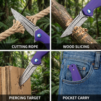 Couteau pliant tactique, couteau de poche Damas, couteau léger EDC, couteau à lame rabattable, manche en G10 violet, outil utilitaire pour le camping en plein air, DM036