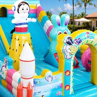 Structure gonflable combinée Lapin Astronaute Spatial à double toboggan avec souffleur, en PVC bleu, pour enfants, idéale pour les fêtes d'anniversaire sur le thème de l'espace dans le jardin
